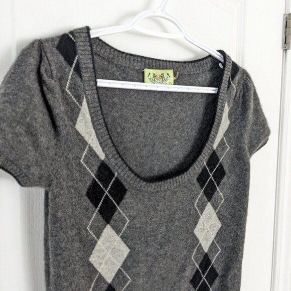 JUICY COUTURE 100% Cashmere Argyle Heart Sweater tee shirt grey Large T11 - Picture 6 of 7